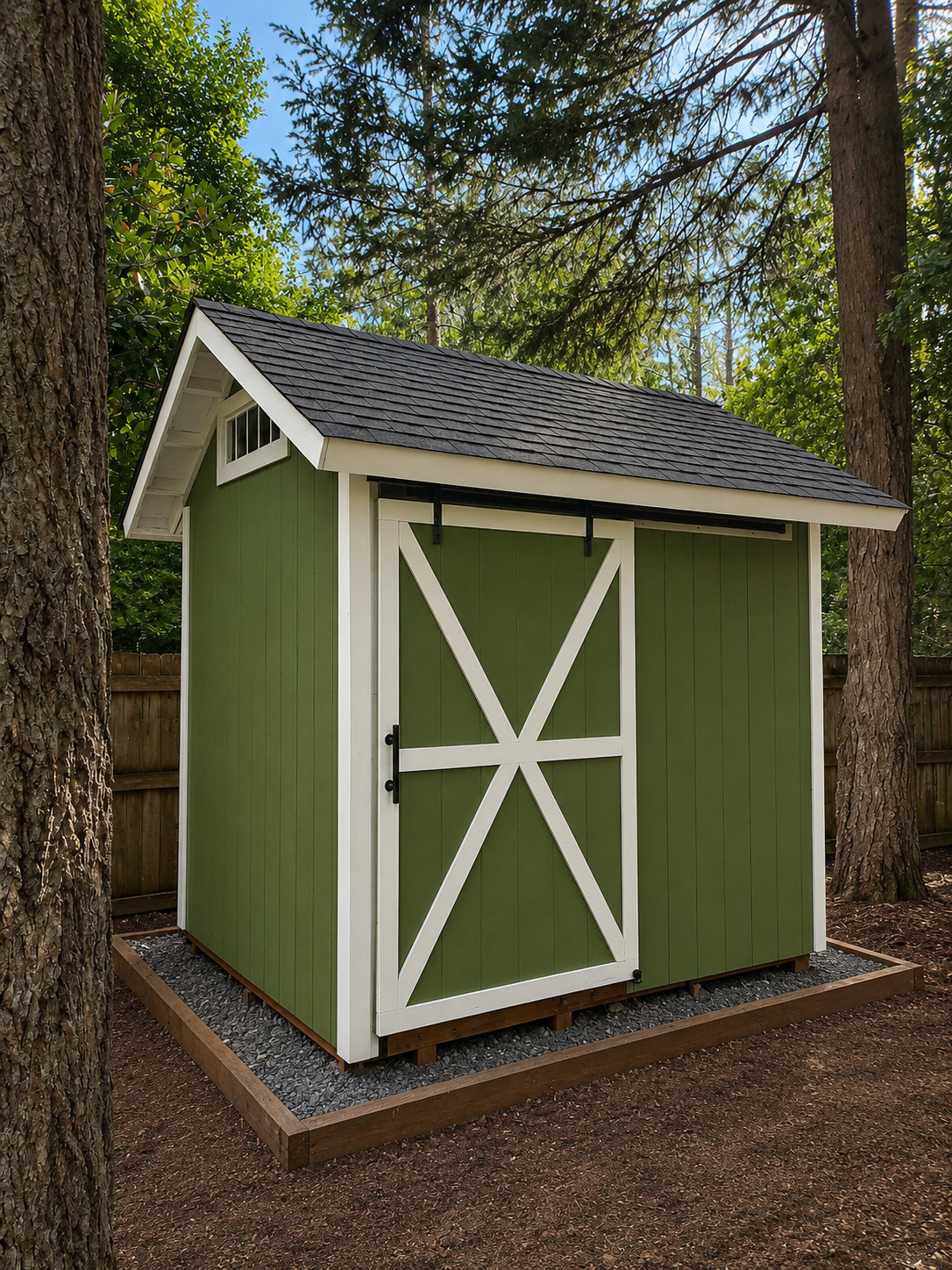 Finished custom shed with green paint, white trim, and barn-style sliding door